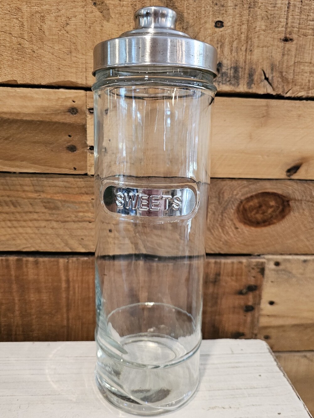 Vintage-style Apothecary Clear Glass 'Sweets' Canister with Silver Lid
